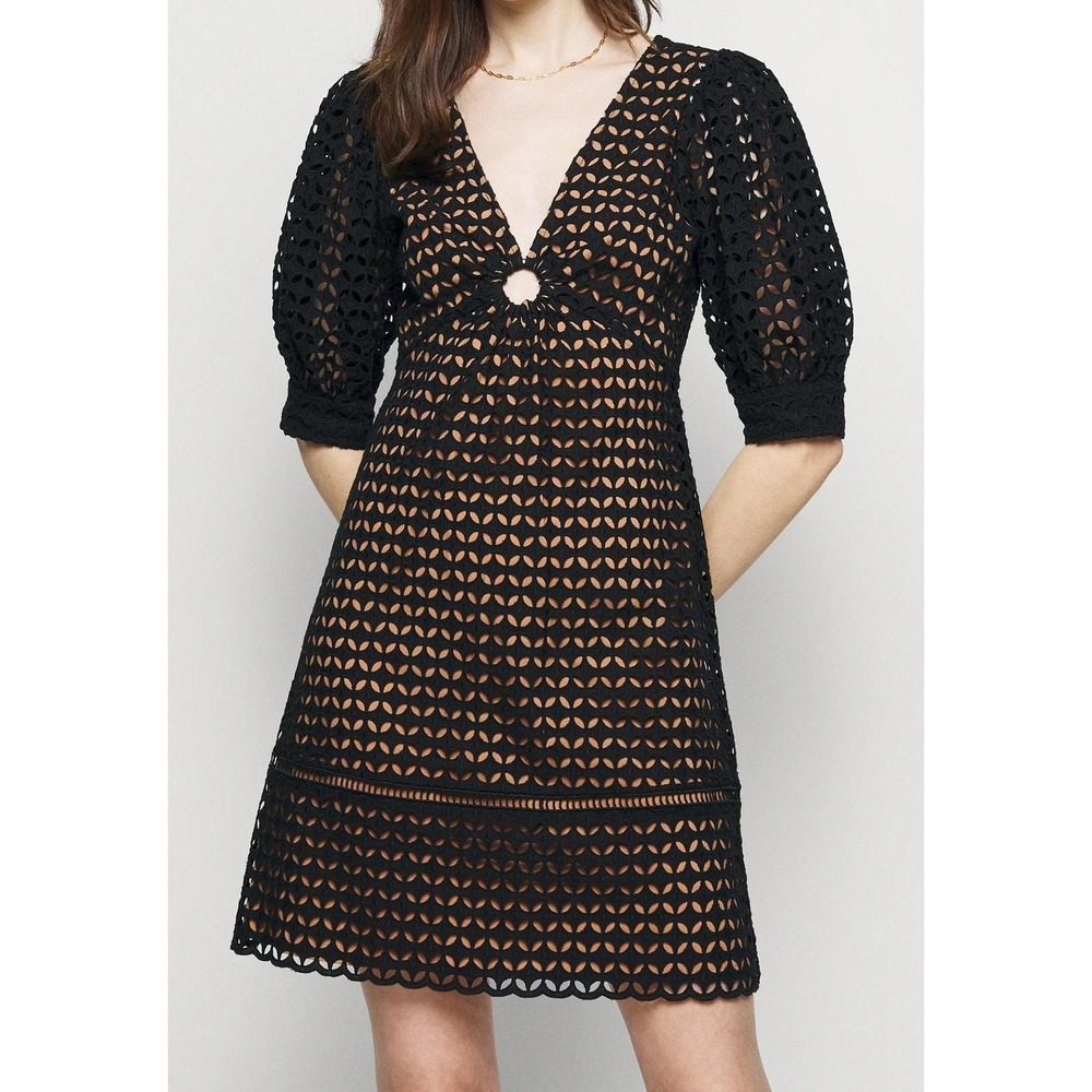 Michael Kors Dress Eyelet Lace 10 Black Puff Sleeve V-Neck Ring Detail Mini